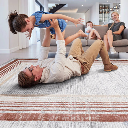 Marfi bordered area rug, cream and rust stripes, by Unique Piece Furniture, in a living room on Tampa Home & Garden Store