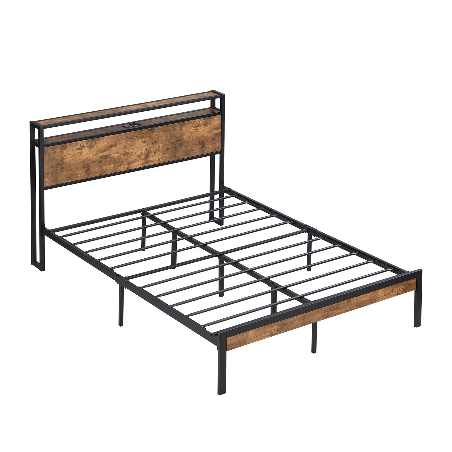 Metal Platform Bed with Wooden Headboard and Usb