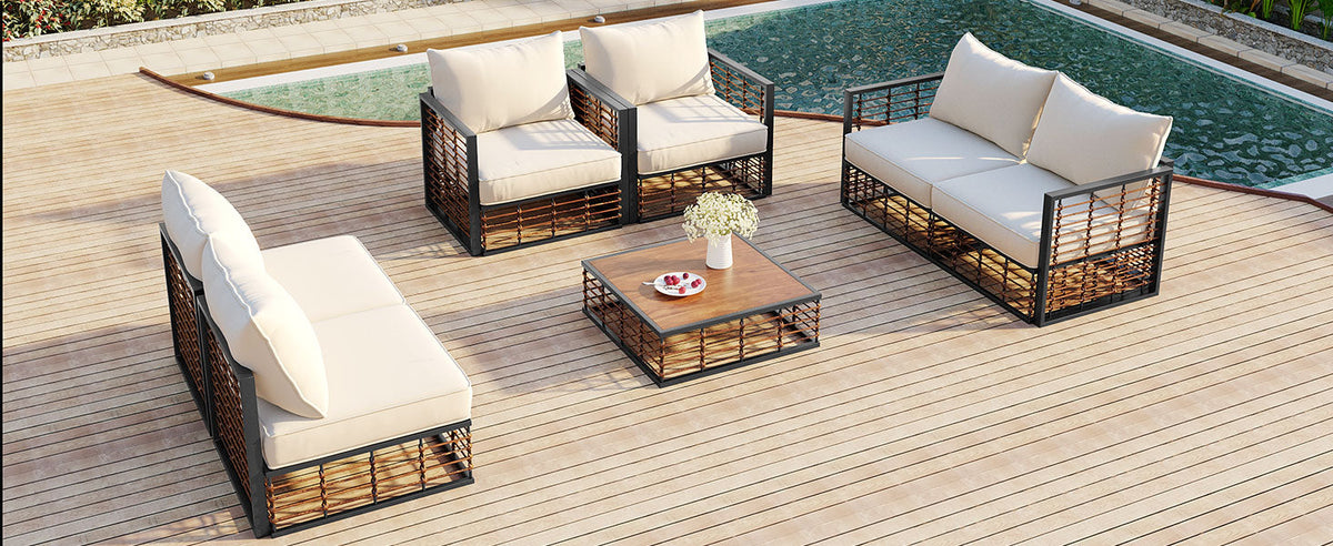 TOPMAX 7-Piece Metal Patio Sectional Sofa Set with beige cushions and black frames on deck on Tampa Home & Garden Store