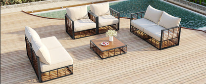 TOPMAX 7-Piece Metal Patio Sectional Sofa Set with beige cushions and black frames on deck on Tampa Home & Garden Store