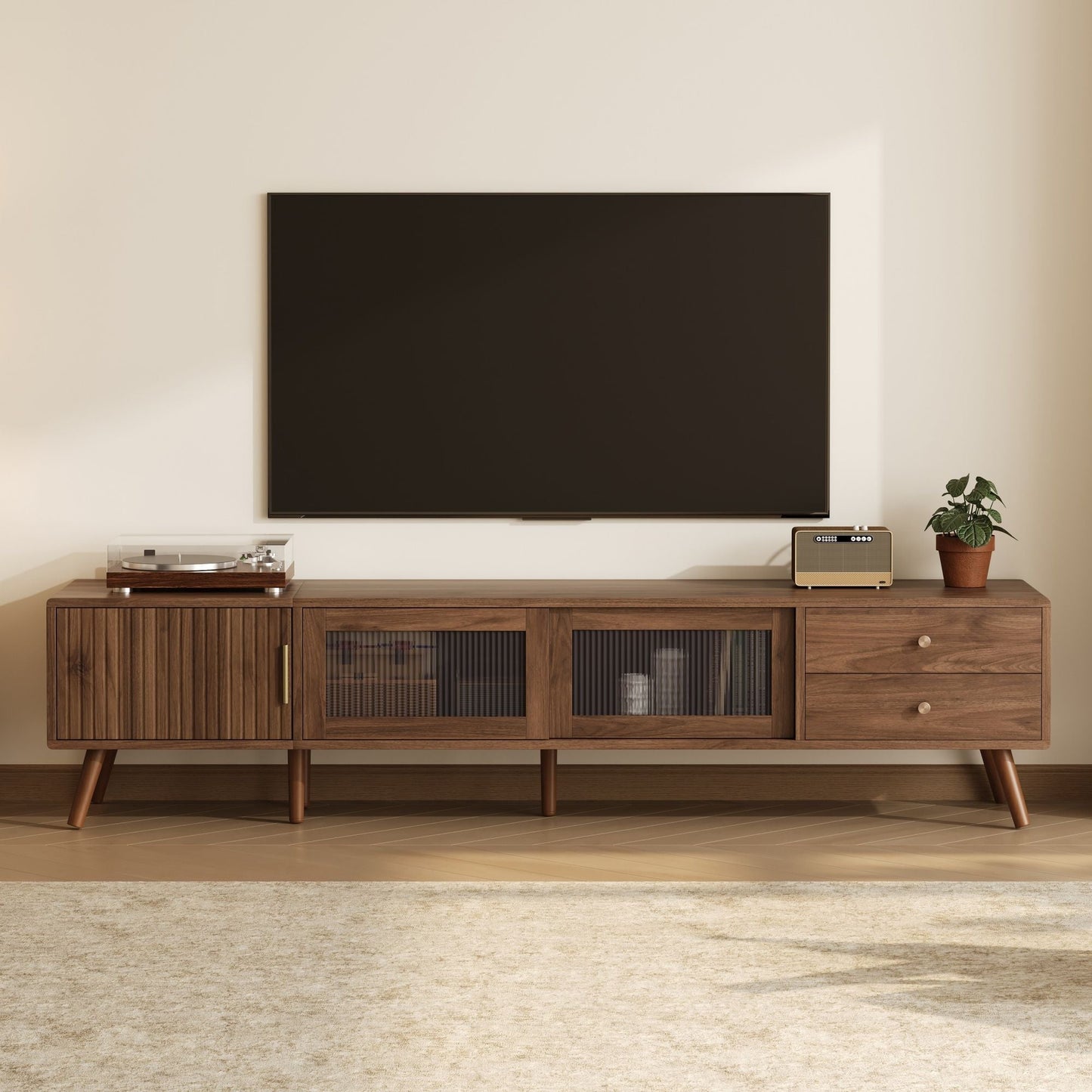TV stand wood by HouseOfZazla for 85-inch TVs with storage cabinets and midcentury legs on Tampa Home & Garden Store