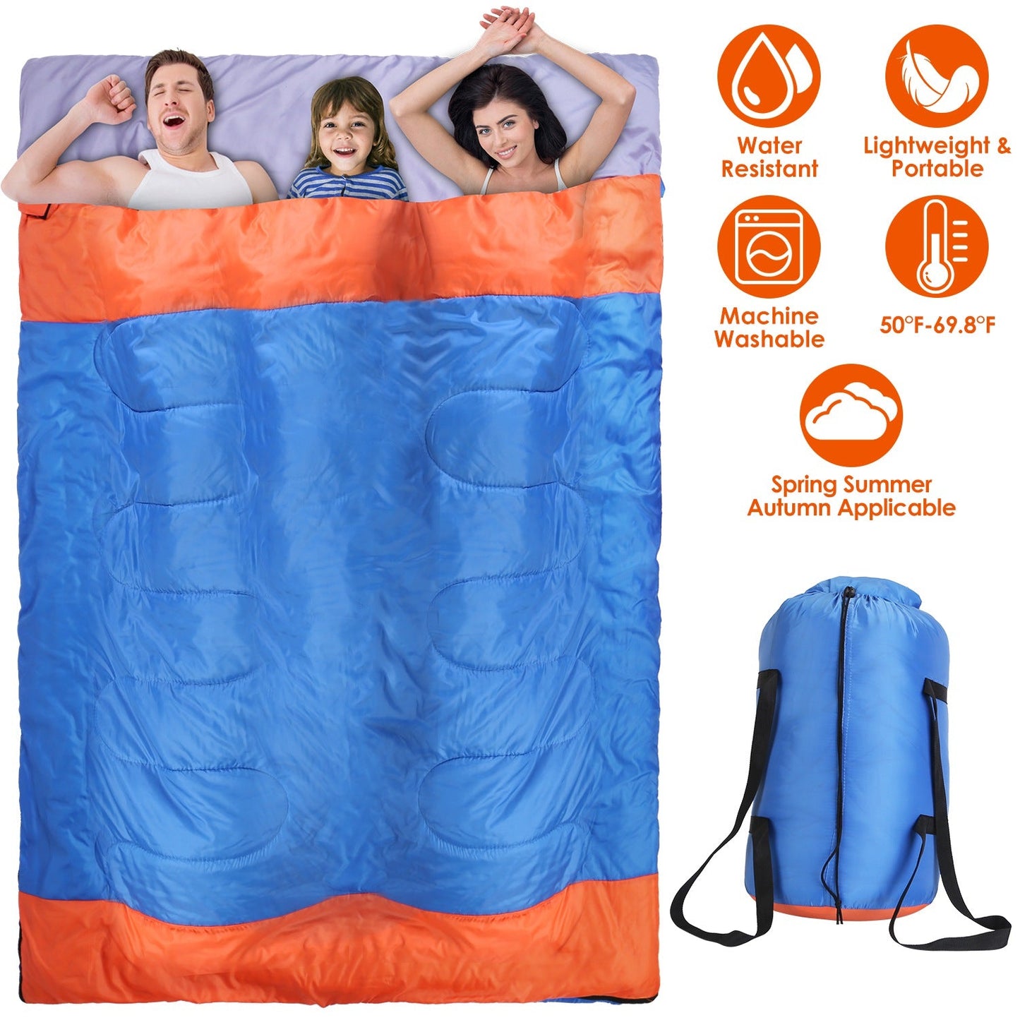 GemGear 3-person sleeping bag in orange and blue with cotton liner, includes carry bag on Tampa Home & Garden Store
