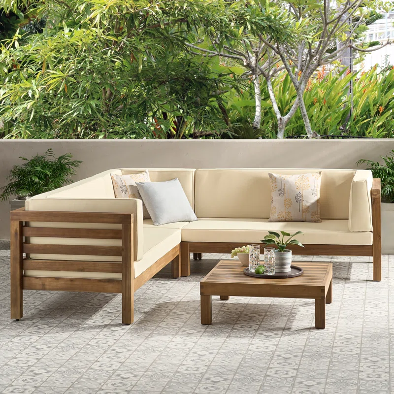 OANA outdoor wooden sectional set with beige cushions, wooden frame by HouseOfZazla on Tampa Home & Garden Store