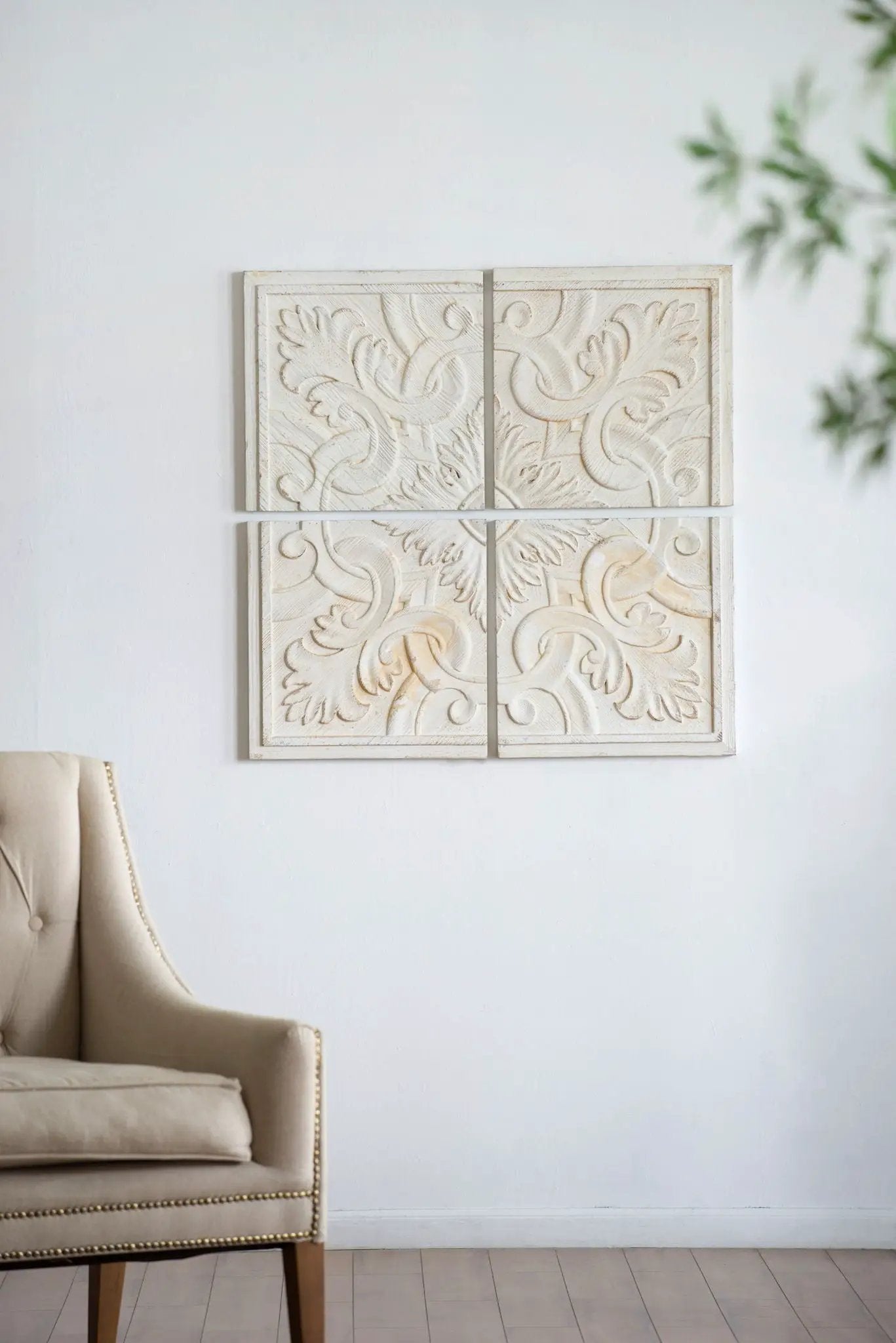 Distressed white wood square wall panels set of 4 with ornate relief by Unique Piece on Tampa Home & Garden Store