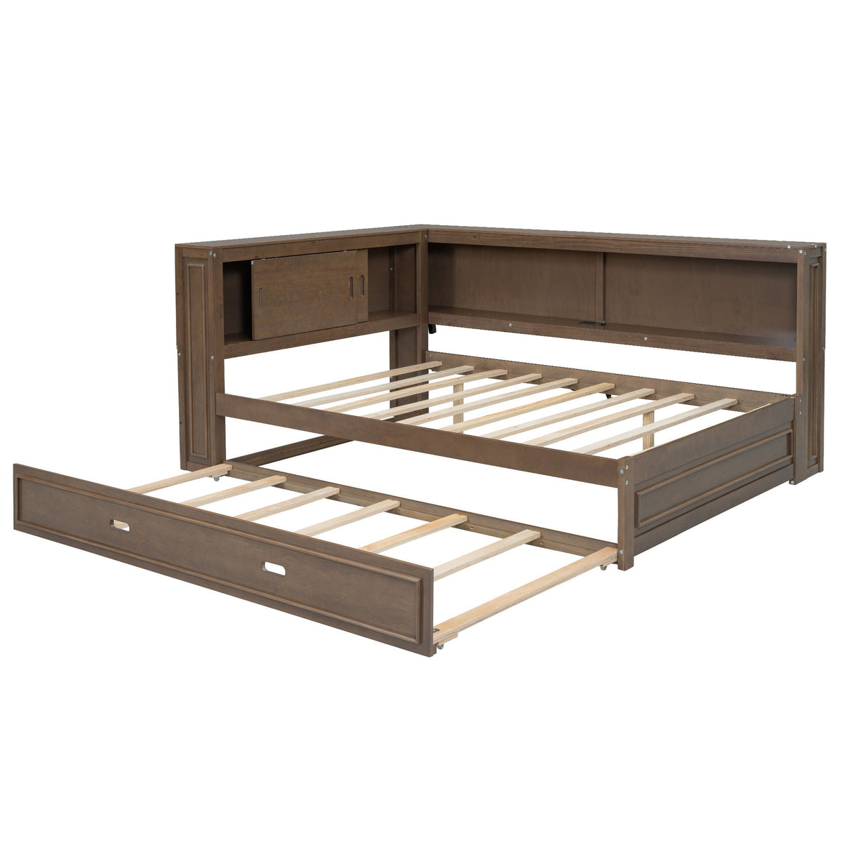 Daybed frame in dark brown wood with side storage cabinets and open shelf, trundle-ready on Tampa Home & Garden Store