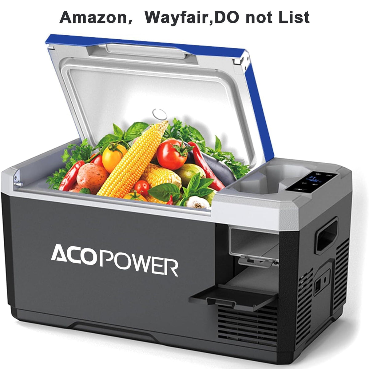 ACOPOWER portable car freezer opened to reveal fresh produce; 12V, 45W low-noise RV/boat fridge on Tampa Home & Garden Store