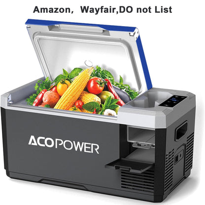 ACOPOWER portable car freezer opened to reveal fresh produce; 12V, 45W low-noise RV/boat fridge on Tampa Home & Garden Store