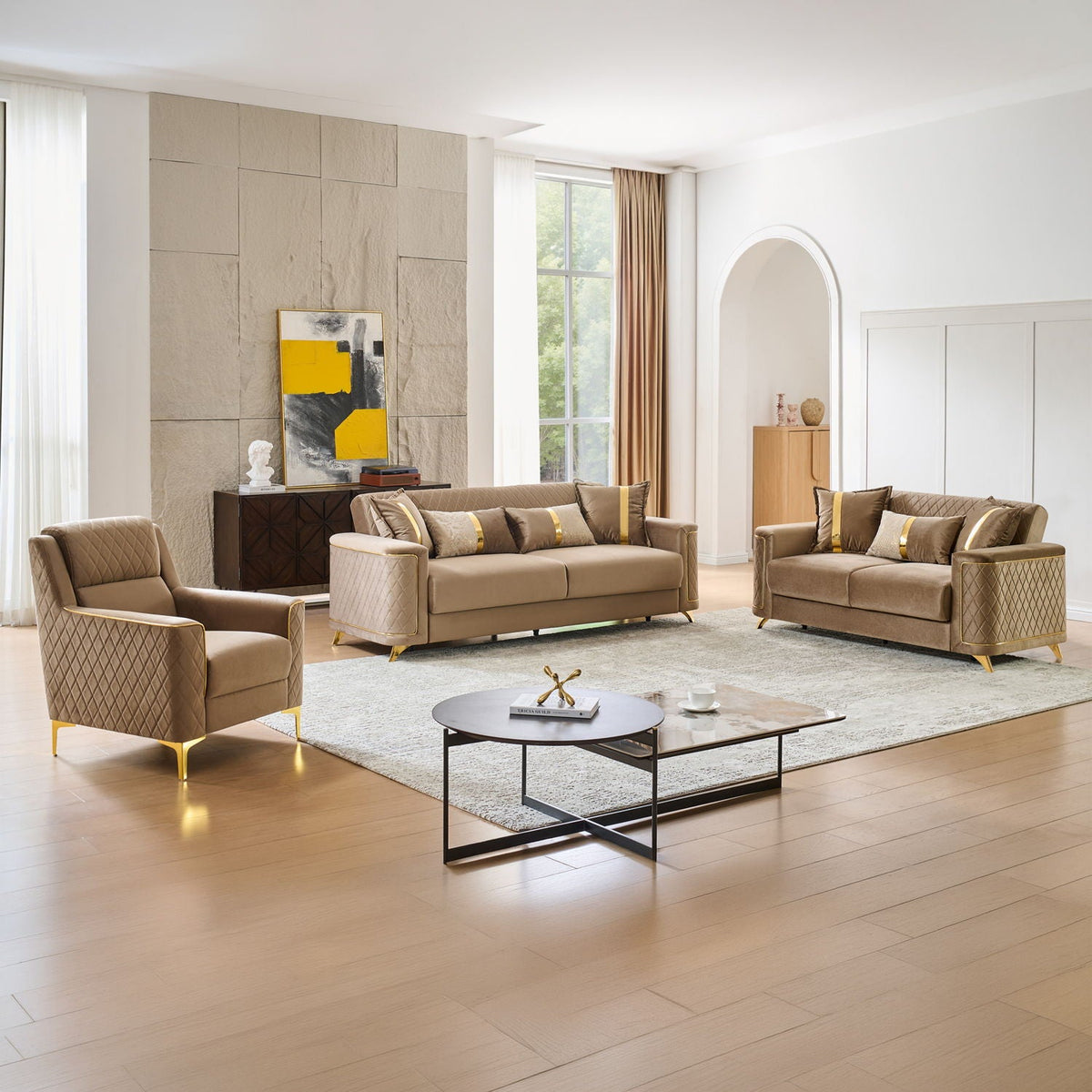 Upholstered living room set beige with gold-tone legs; 3-piece by HouseOfZazla on Tampa Home & Garden Store
