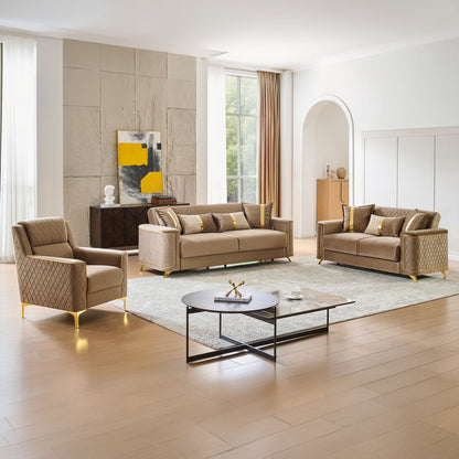 Upholstered living room set beige with gold-tone legs; 3-piece by HouseOfZazla on Tampa Home & Garden Store