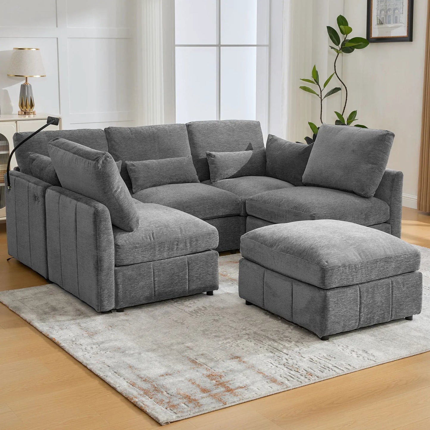 Modern modular sofa with movable ottoman in gray fabric, 2-piece set on Tampa Home & Garden Store