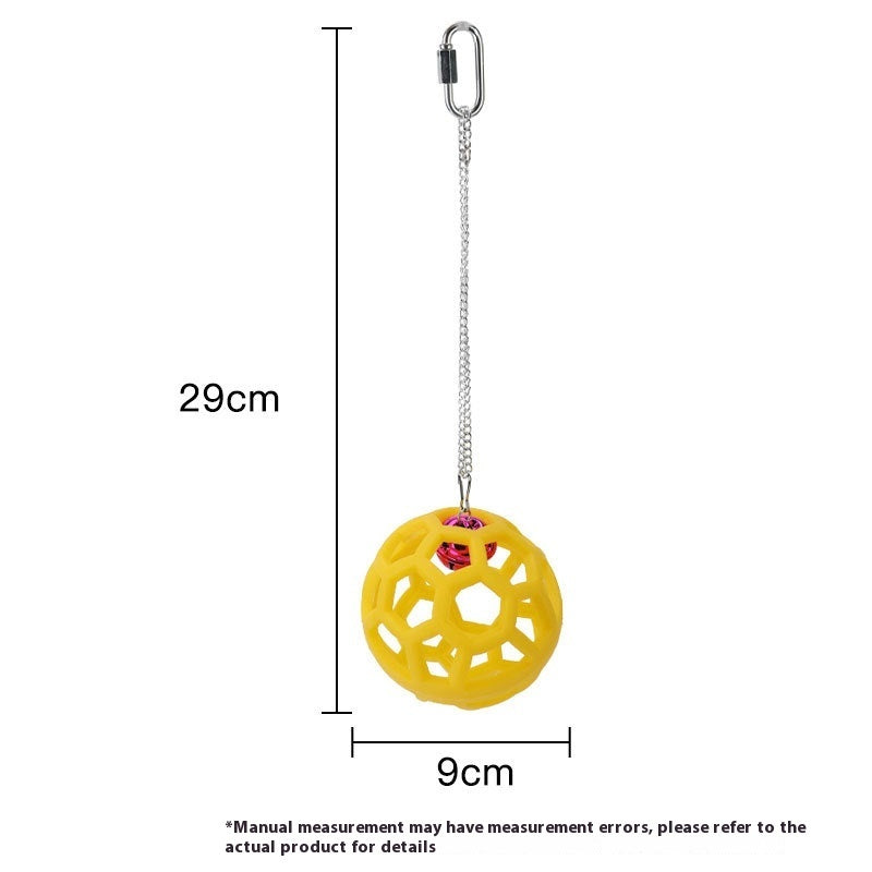 Yellow plastic molar parrot chew toy with hollow lattice ball and chain Sell My Stuff on Tampa Home & Garden Store