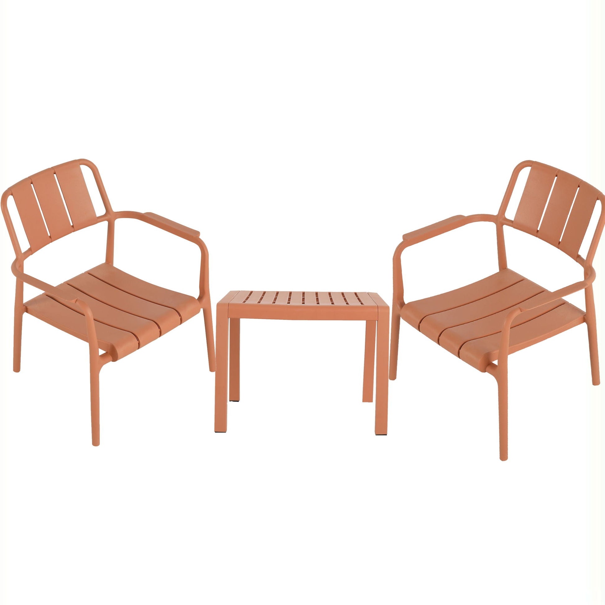 3 Piece Outdoor Table And Chair Set orange terracotta metal; includes two chairs and table on Tampa Home & Garden Store