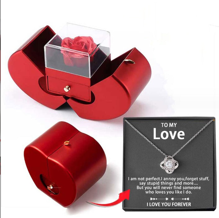 Red apple jewelry box with clear lid and rose, curved red box and crystal pendant necklace on Tampa Home & Garden Store