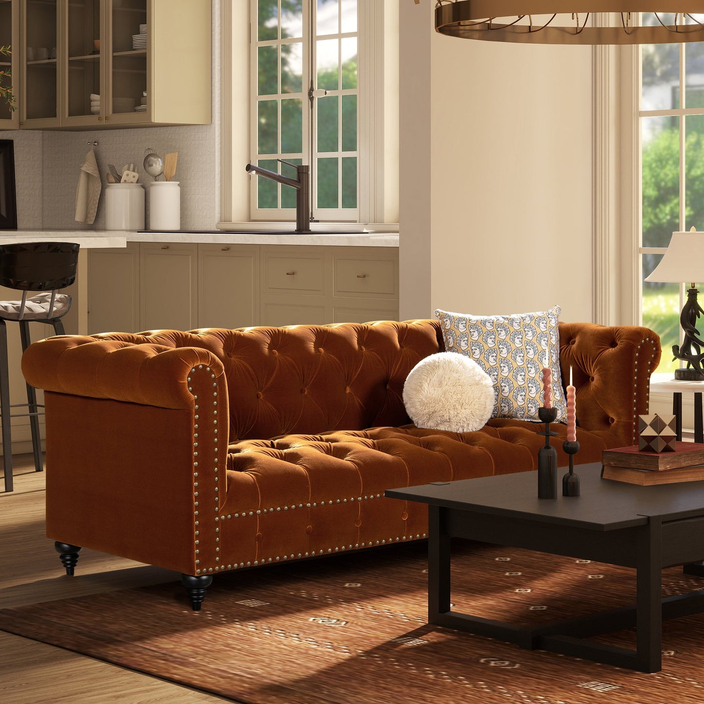 Alto 88' Tufted Chesterfield Sofa Burnt Orange Performance Velvet HouseOfZazla on Tampa Home & Garden Store