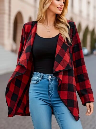 Stevvex plaid open-front long-sleeve jacket in red and black, lightweight cozy outerwear on Tampa Home & Garden Store