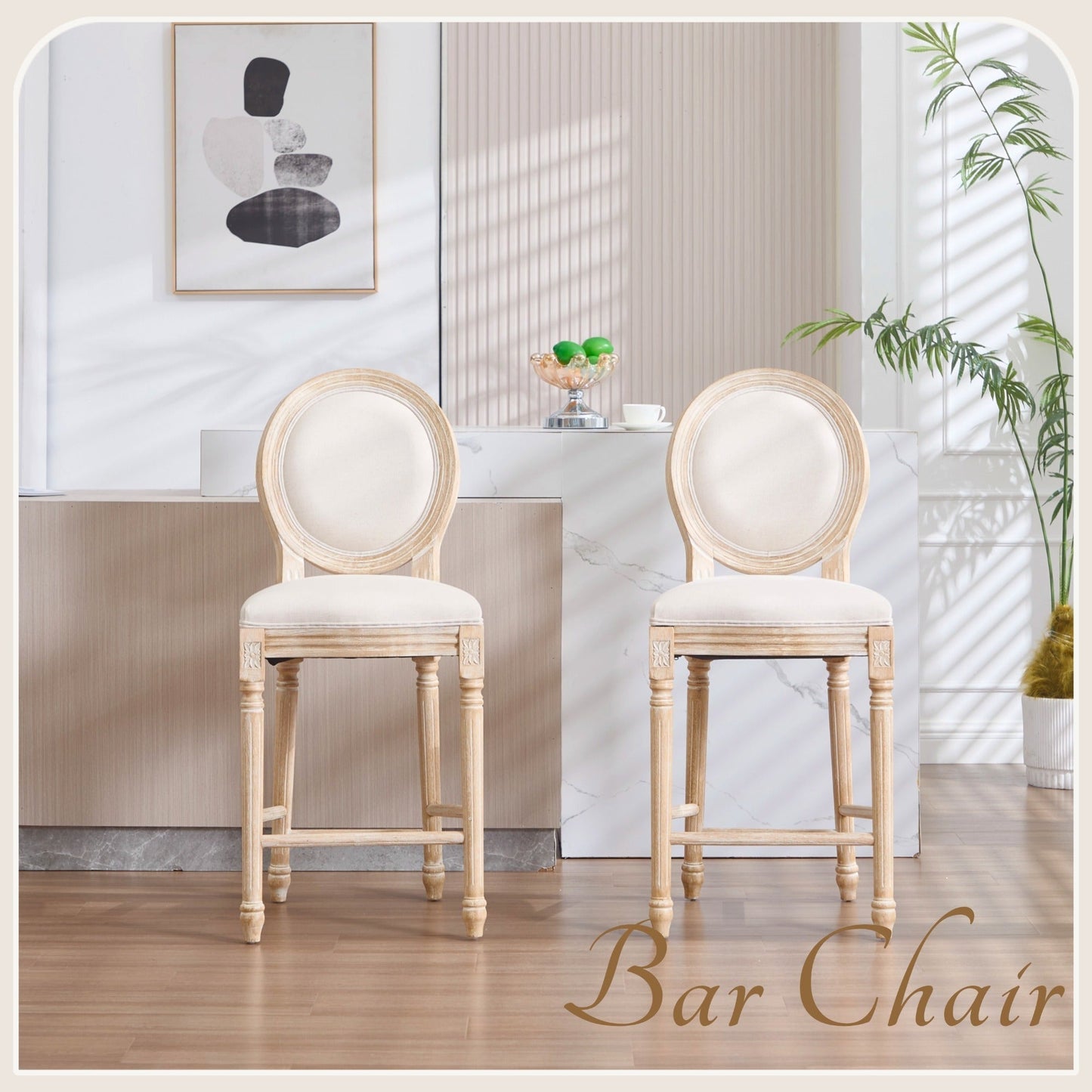 French Country 26'' Bar Chairs Set of 2 by HouseOfZazla, cream upholstery with light wood legs on Tampa Home & Garden Store