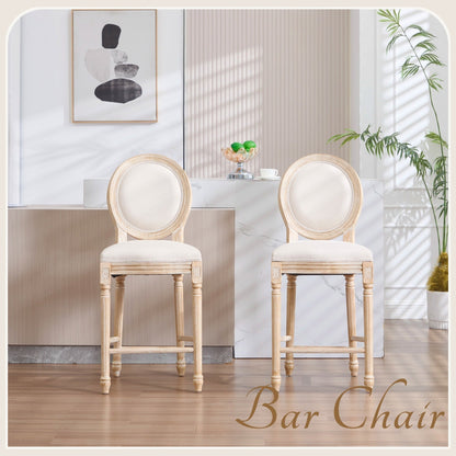 French Country 26'' Bar Chairs Set of 2 by HouseOfZazla, cream upholstery with light wood legs on Tampa Home & Garden Store