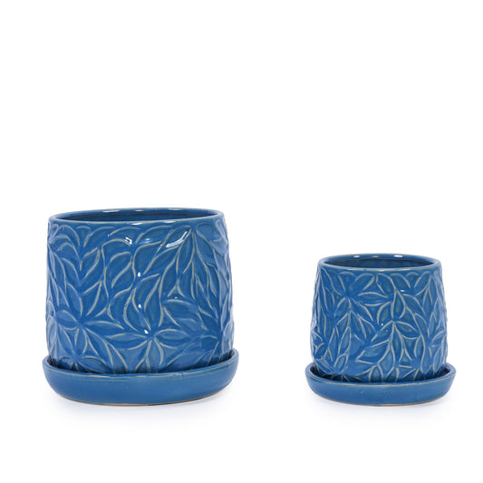 Set of 2 navy blue ceramic planters with leaf pattern and matching saucers by HouseOfZazla on Tampa Home & Garden Store