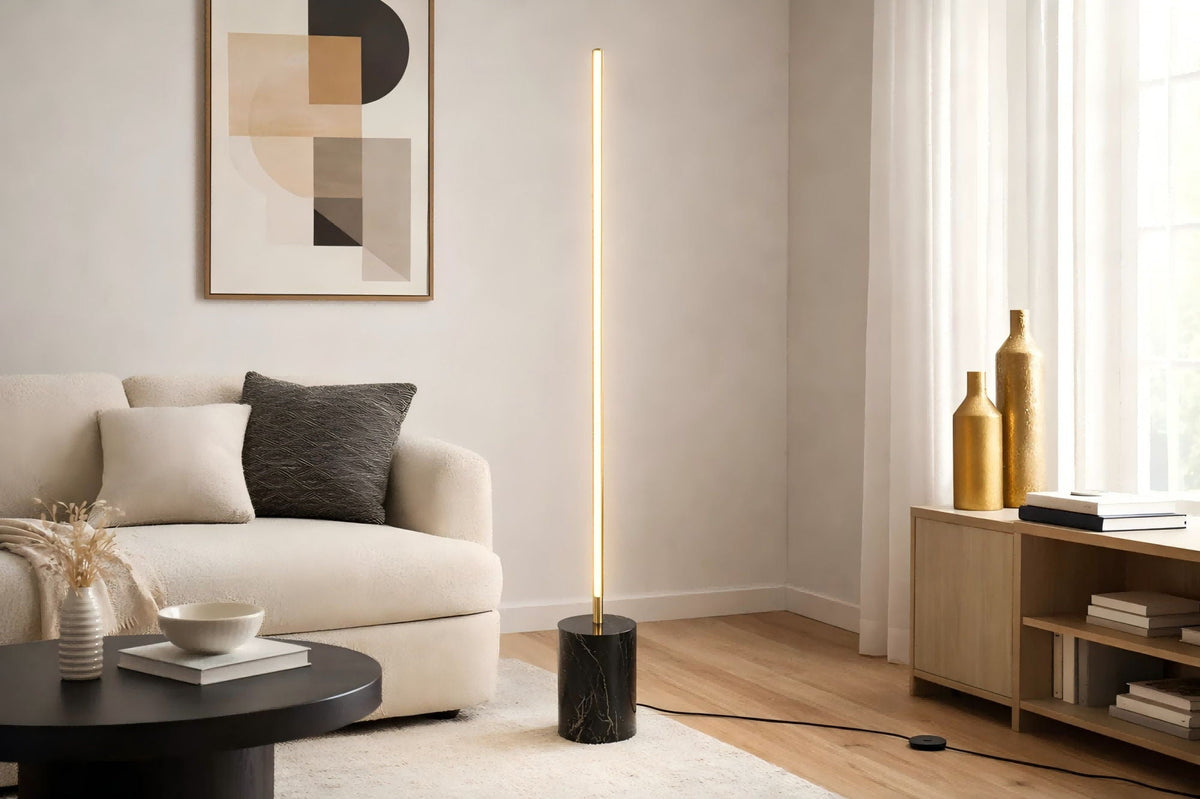Prism LED floor lamp with gold stem and black marble base, on/off switch by HouseOfZazla on Tampa Home & Garden Store