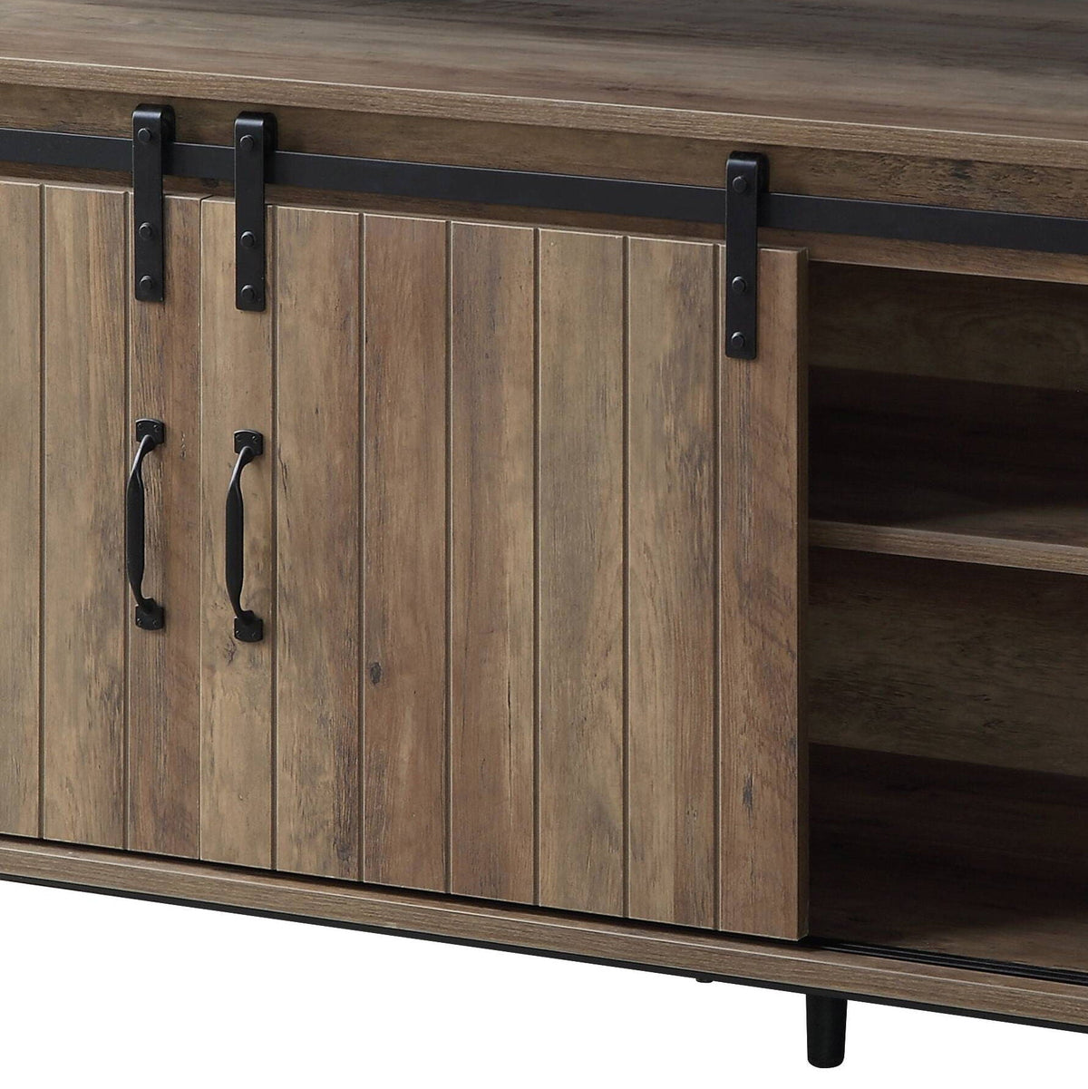 Rashawn Rustic TV Stand Oak by HouseOfZazla sliding barn doors black hardware on Tampa Home & Garden Store