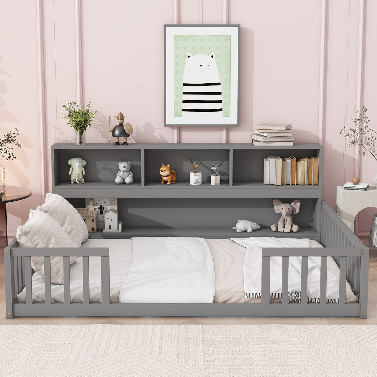 Full floor bed with side bookcase and guardrails in gray by HouseOfZazla on Tampa Home & Garden Store