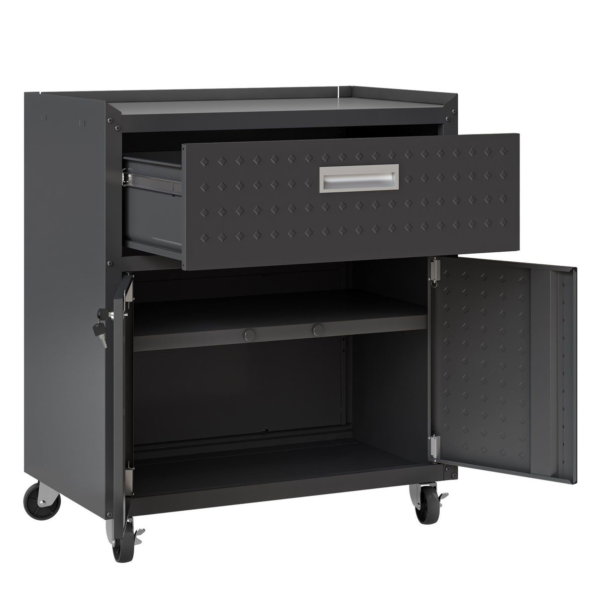 Mobile Garage Cabinet with Locking System in gray steel on wheels; front by HouseOfZazla on Tampa Home & Garden Store