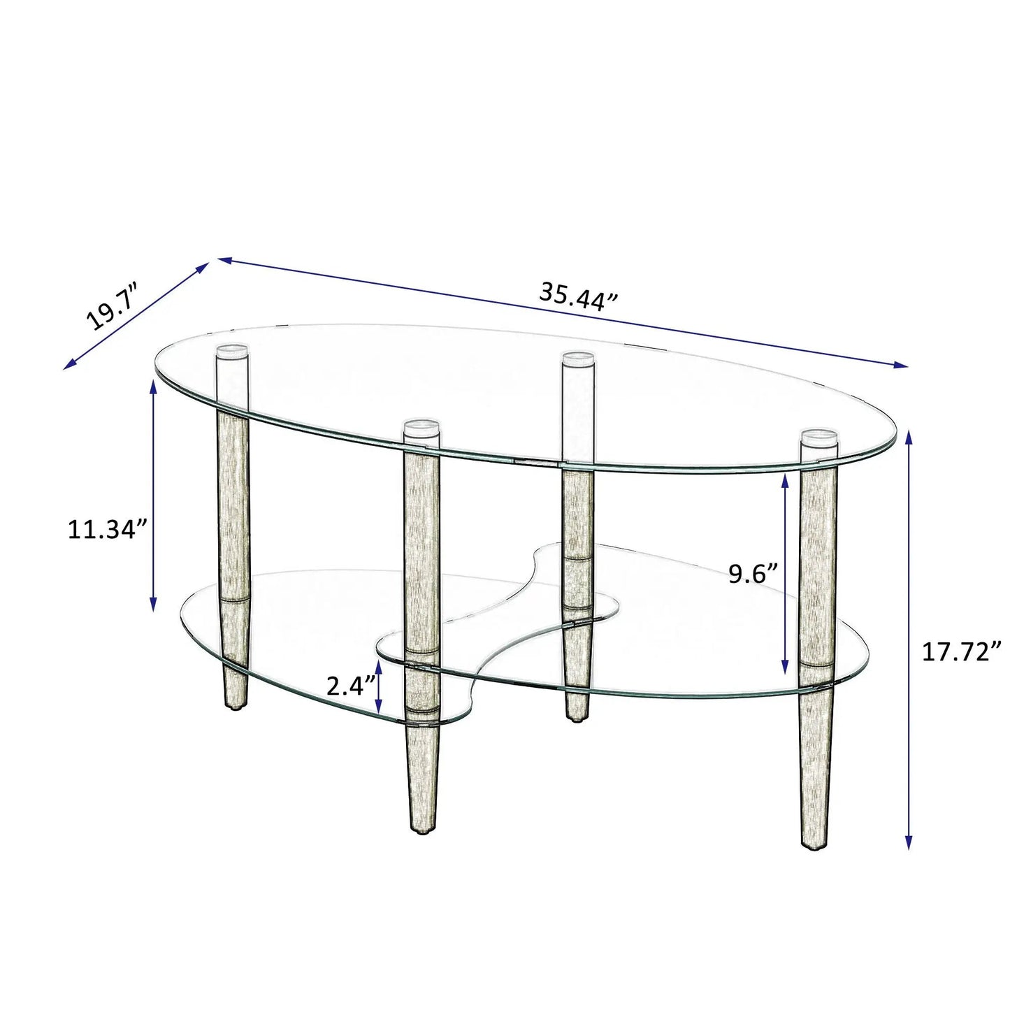 Transparent oval glass coffee table with oak legs and 3-tier glass shelves, modern centerpiece on Tampa Home & Garden Store