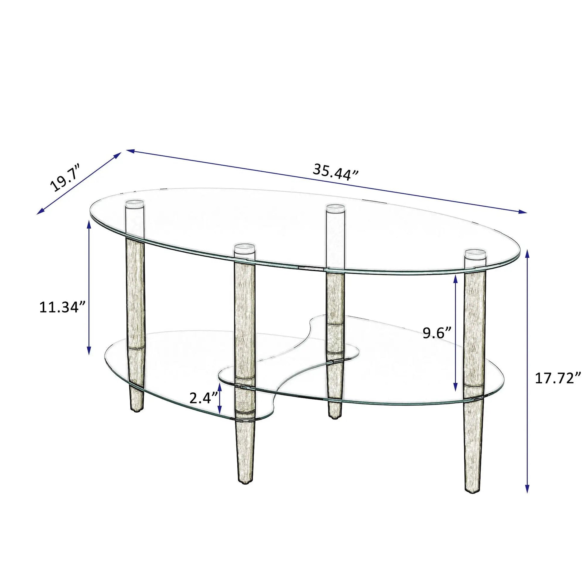 Transparent oval glass coffee table with oak legs and 3-tier glass shelves, modern centerpiece on Tampa Home & Garden Store