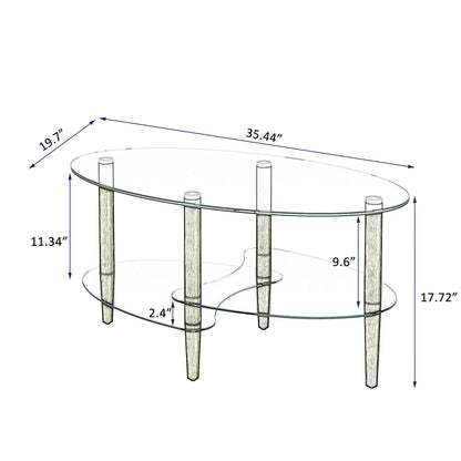 Transparent oval glass coffee table with oak legs and 3-tier glass shelves, modern centerpiece on Tampa Home & Garden Store