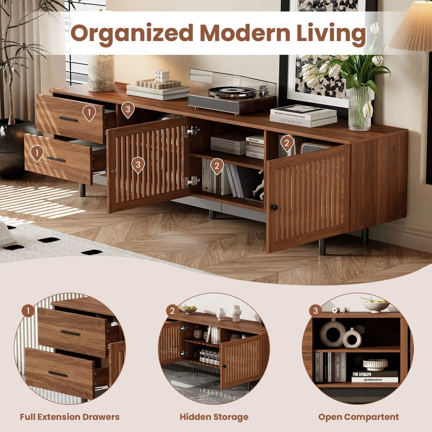 Walnut 78in TV Stand by Unique Piece Furniture with deep drawers and cable management on Tampa Home & Garden Store