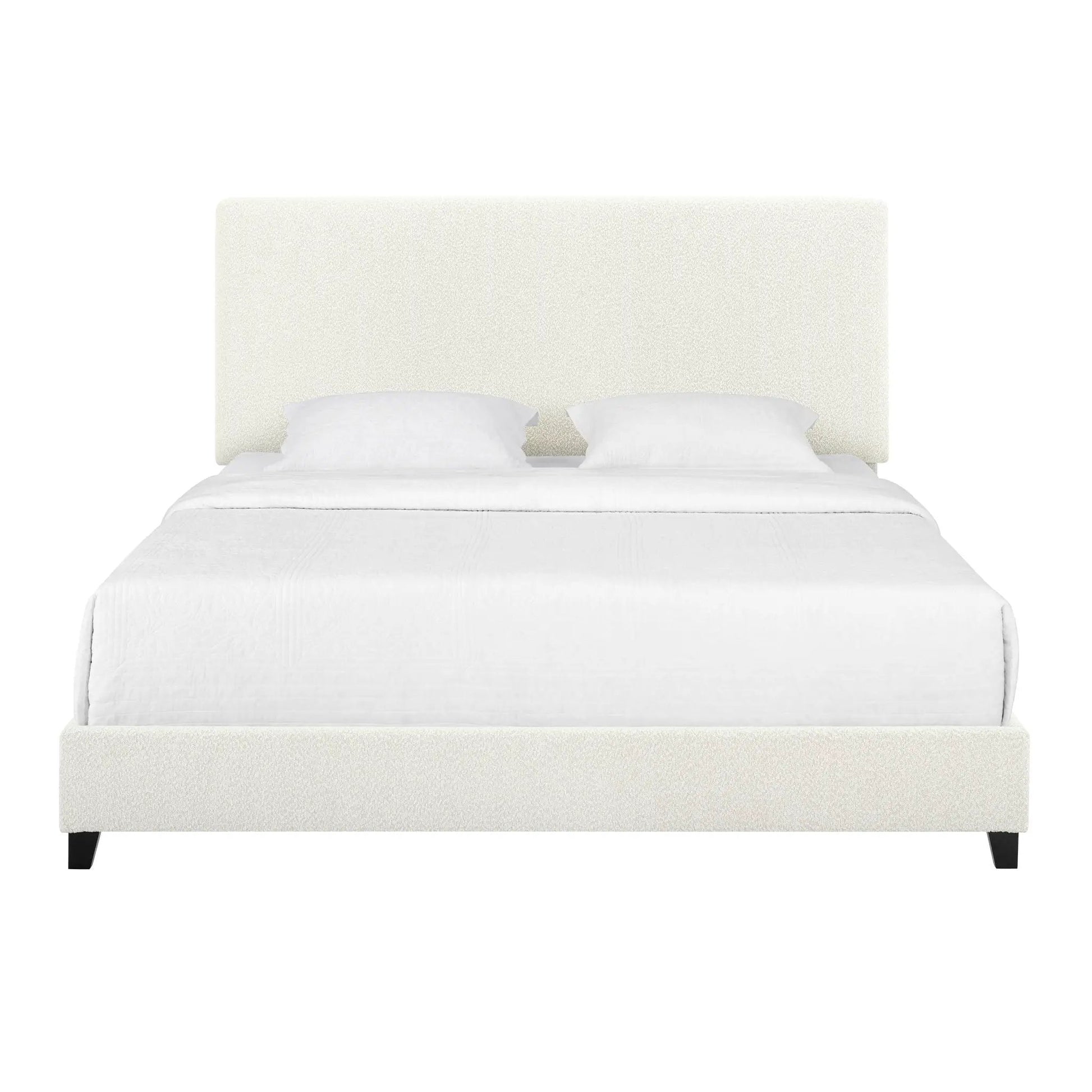 Platform bed with cream upholstered headboard and base, white bedding, Unique Piece Furniture on Tampa Home & Garden Store