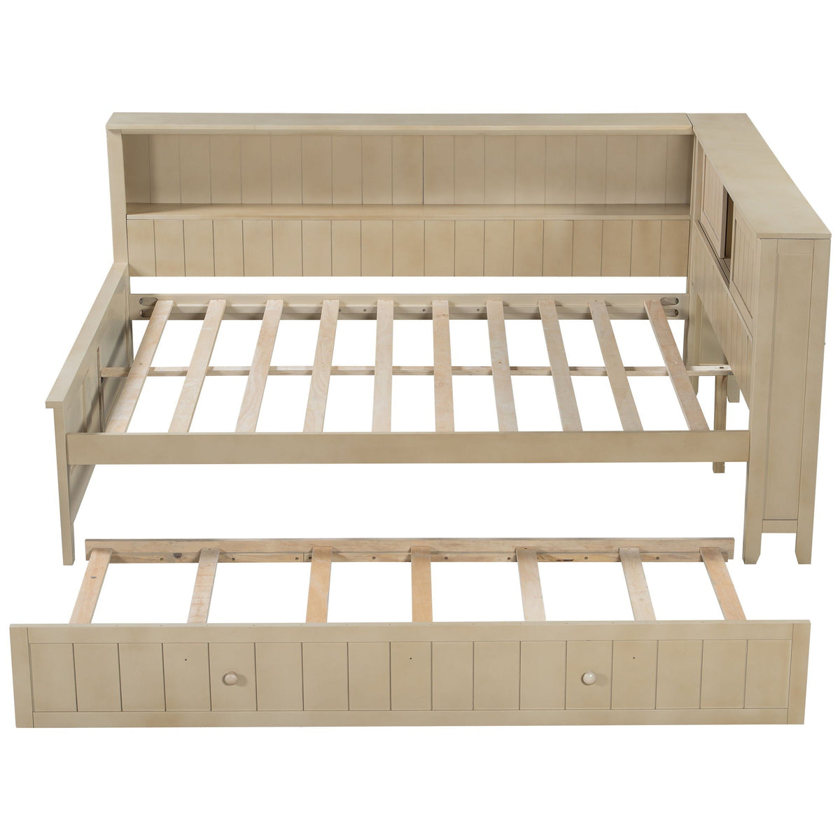 Full-size daybed with built-in storage shelves and pull-out trundle in ancient white on Tampa Home & Garden Store