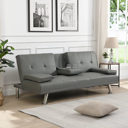 Modern sofa bed futon with armrests, 2 holders, wood frame & stainless leg, gray upholstery on Tampa Home & Garden Store