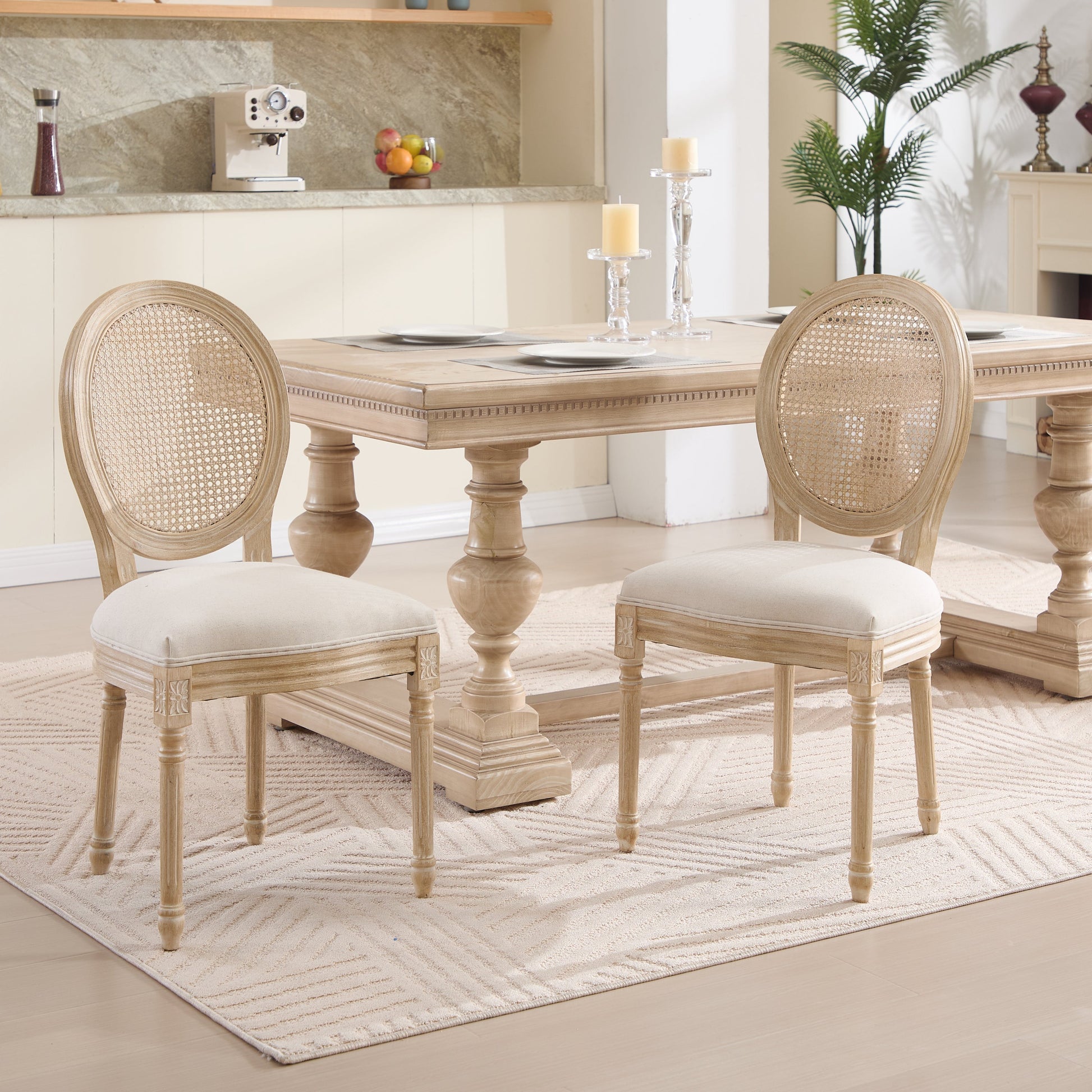 French country dining chairs set of 2 with rattan back and upholstered seats in light wood on Tampa Home & Garden Store