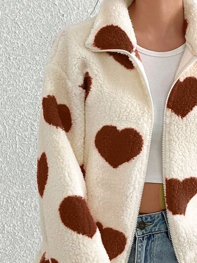 Cute Heart Zip Up Furry Jacket in cream with brown hearts by Stevvex for girls cozy coat on Tampa Home & Garden Store