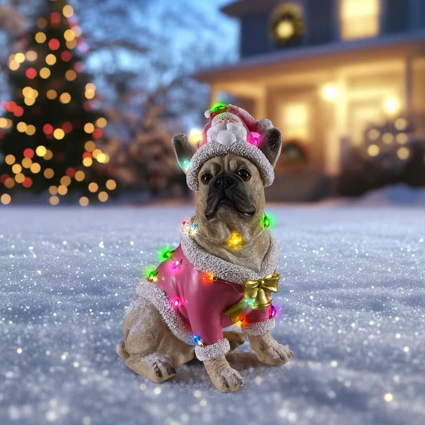 Christmas French Bulldog statue in pink Santa suit with colorful lights HouseOfZazla on Tampa Home & Garden Store