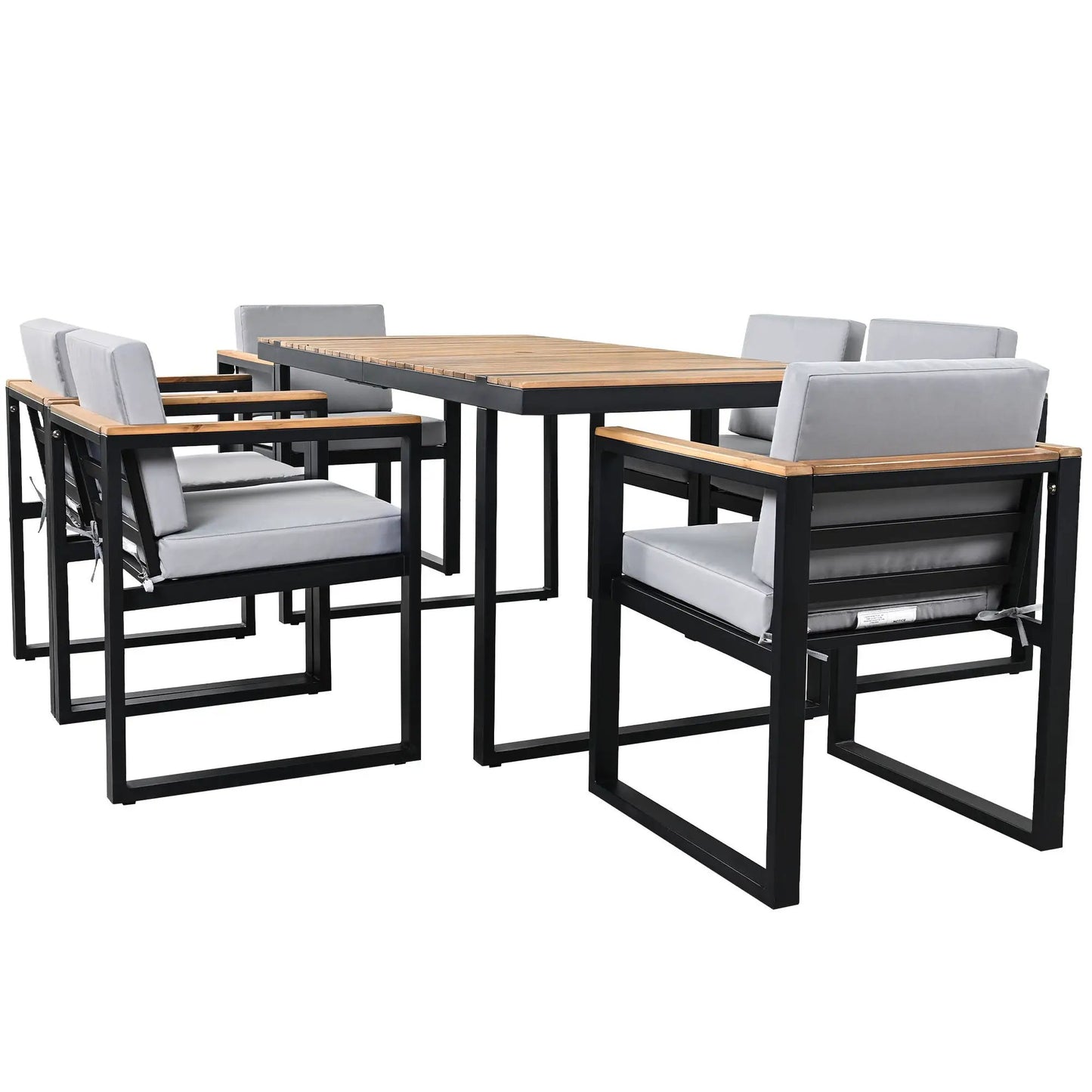 7-Piece outdoor dining set by Unique Piece Furniture with black frame and gray cushions on Tampa Home & Garden Store