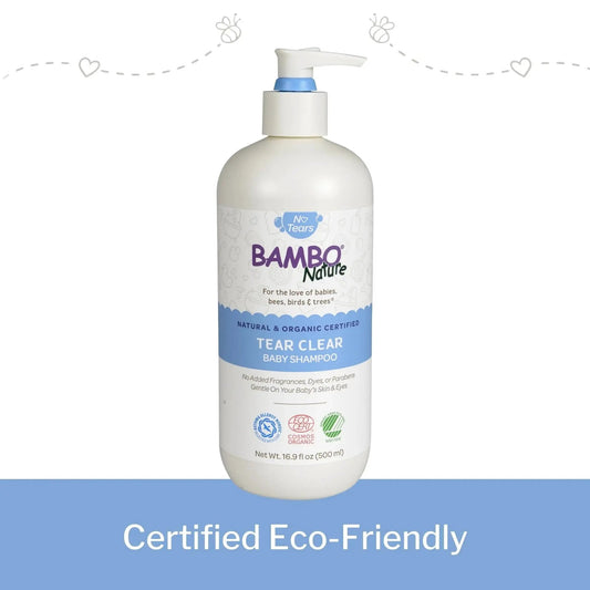 Bambo Nature Tear Clear Baby Shampoo bottle, white plastic with blue label and pump on Tampa Home & Garden Store