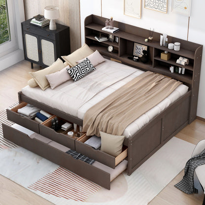Captain Bed with built-in bookshelves, 3 storage drawers and trundle in dark brown wood on Tampa Home & Garden Store