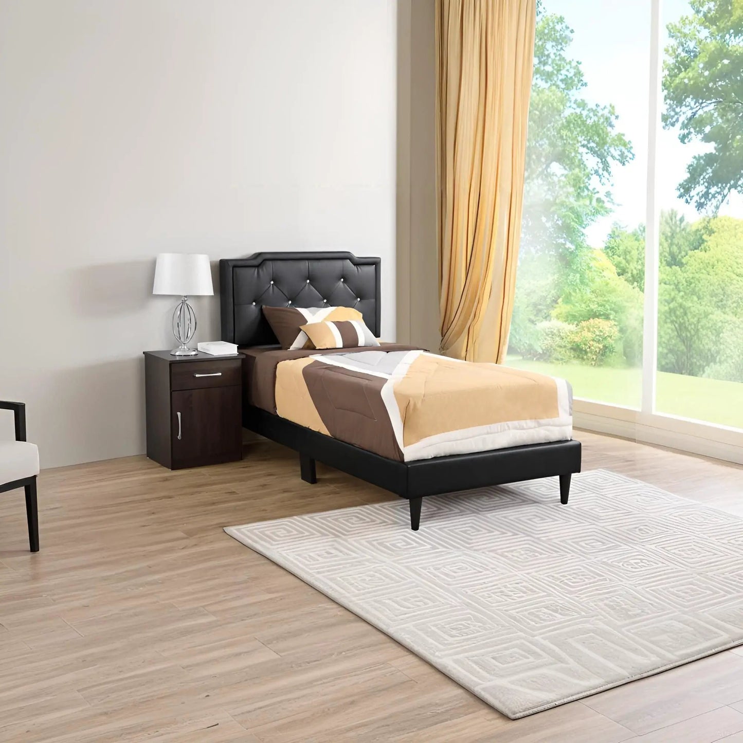 Button Tufted Bed; by Unique Piece Furniture, black upholstered headboard, beige bedding on Tampa Home & Garden Store