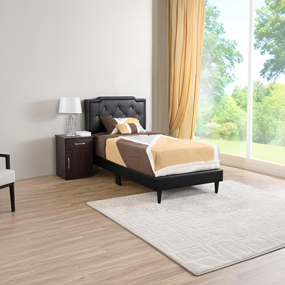 Button tufted upholstered bed with black leatherette headboard in a cozy modern bedroom on Tampa Home & Garden Store