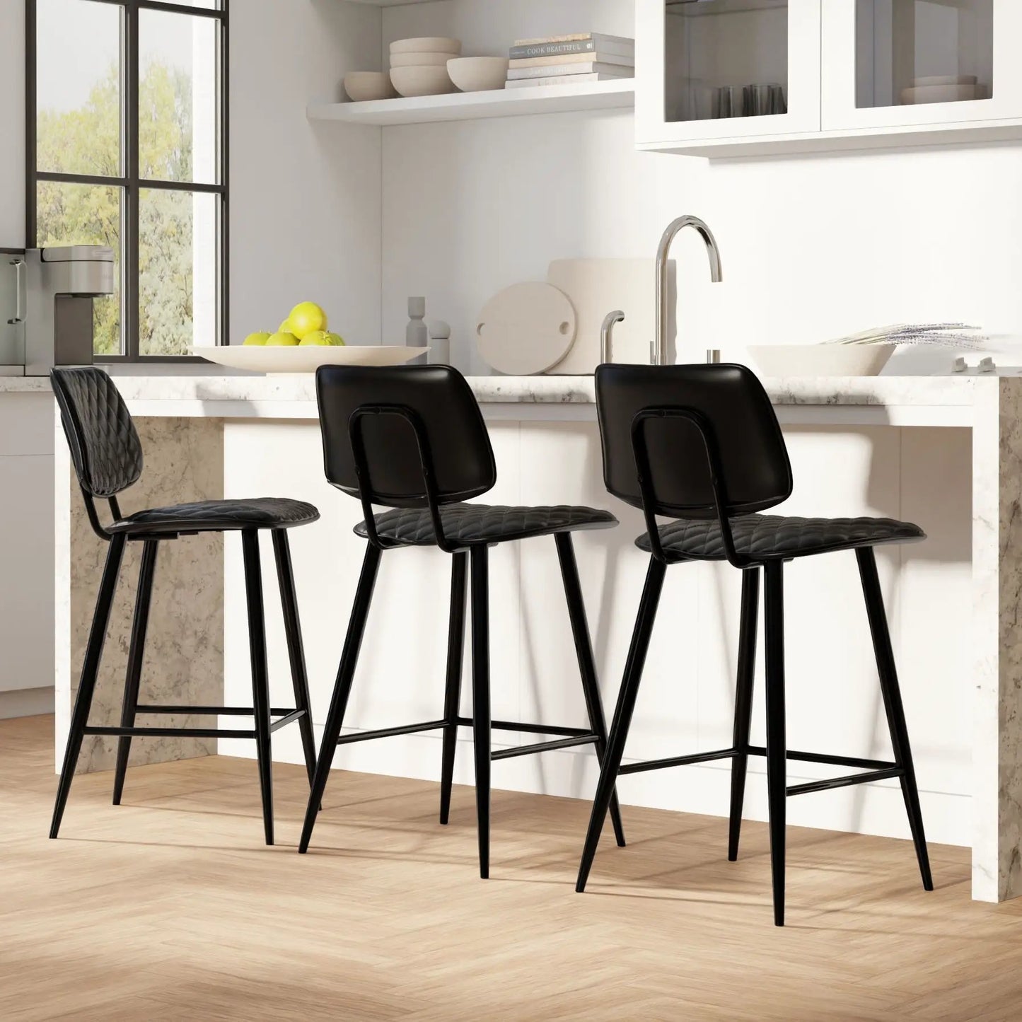 Raya Upholstered Counter Height Stool Set of 2 with black metal frames and quilted seats on Tampa Home & Garden Store