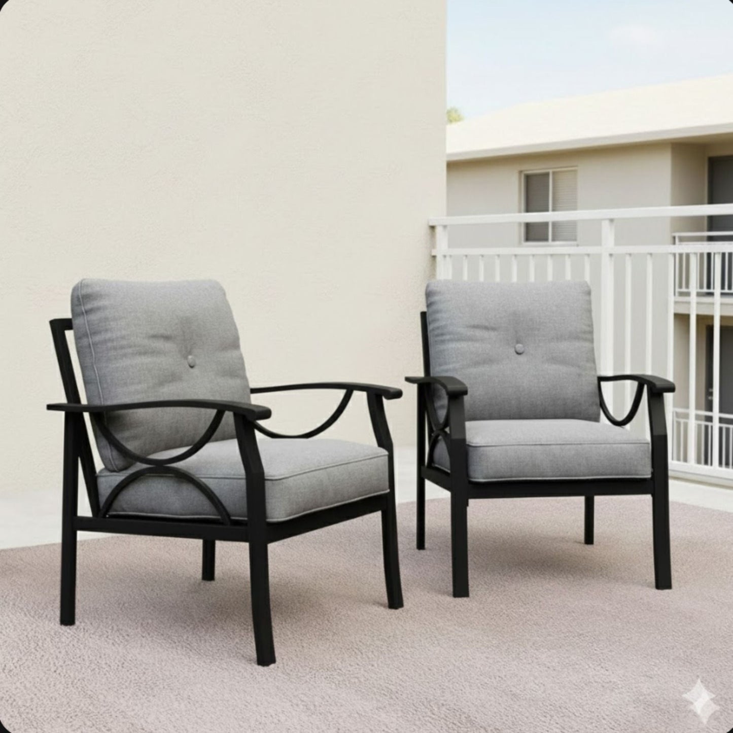 All-Weather Armchairs with Cushions Set of 2, black metal frames, grey cushions on balcony on Tampa Home & Garden Store