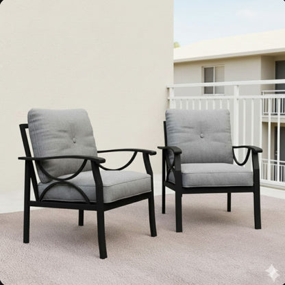 All-Weather Armchairs with Cushions Set of 2, black metal frames, grey cushions on balcony on Tampa Home & Garden Store