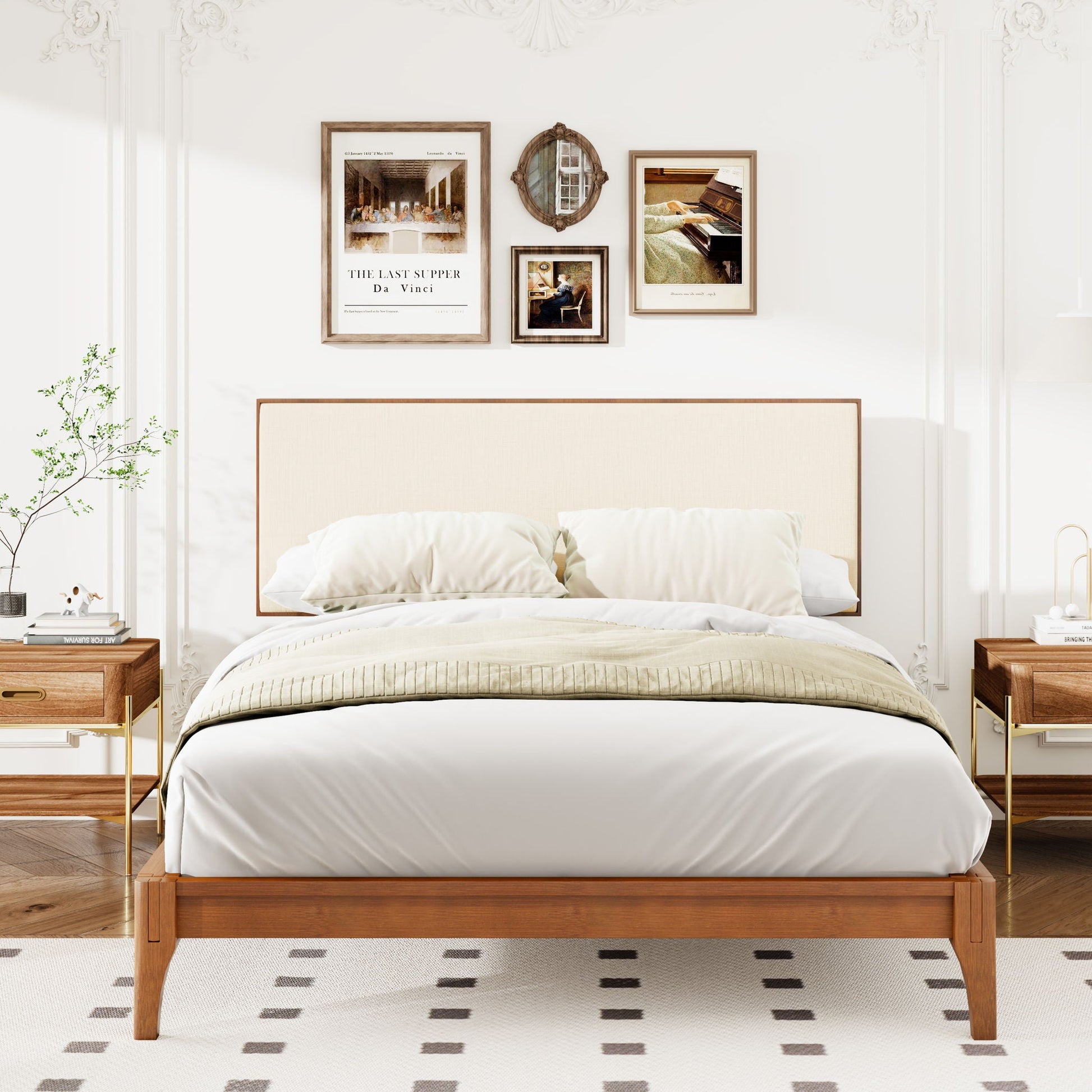King size platform bed in brown bamboo wood with beige upholstered headboard on Tampa Home & Garden Store