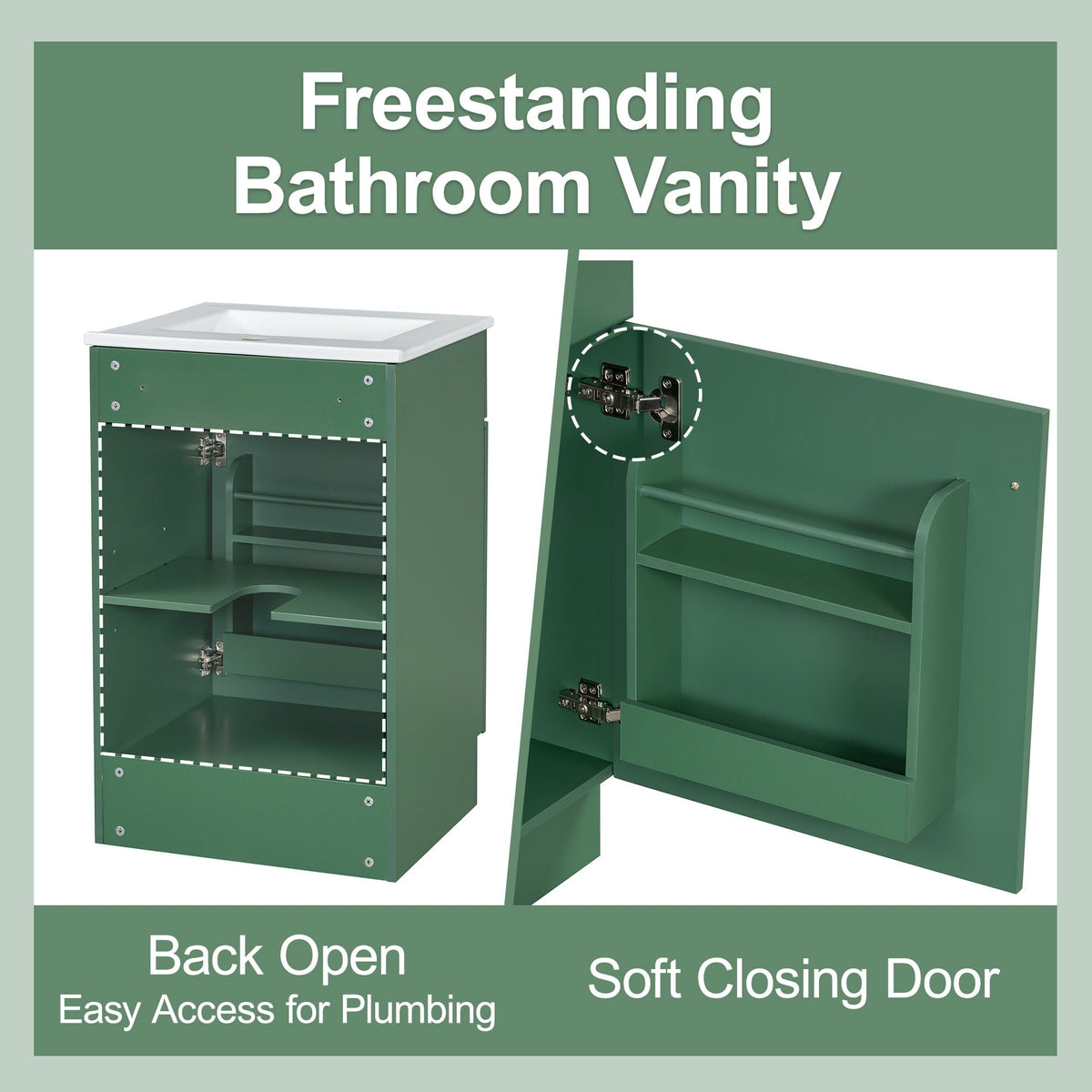 Bathroom vanity with sink, green finish and adjustable shelf, back view on Tampa Home & Garden Store