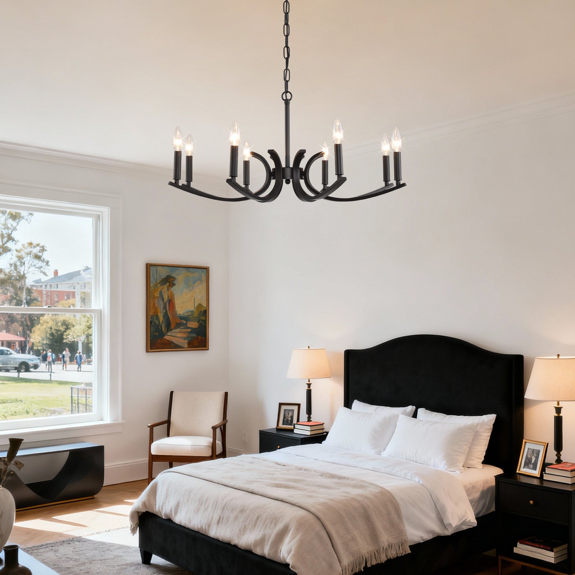 8-Light farmhouse chandelier black metal with curved arms and candle bulbs HouseOfZazla on Tampa Home & Garden Store