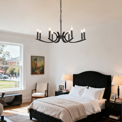 8-Light farmhouse chandelier black metal with curved arms and candle bulbs HouseOfZazla on Tampa Home & Garden Store