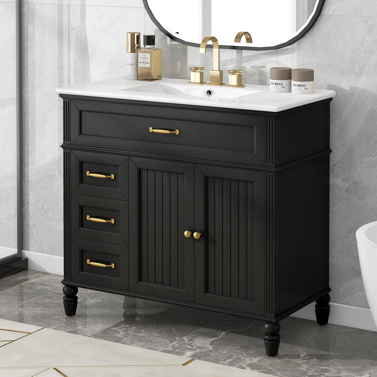 Bathroom vanity in black solid wood with white countertop, sink, drawers and gold hardware on Tampa Home & Garden Store