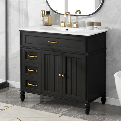 Bathroom vanity in black solid wood with white countertop, sink, drawers and gold hardware on Tampa Home & Garden Store